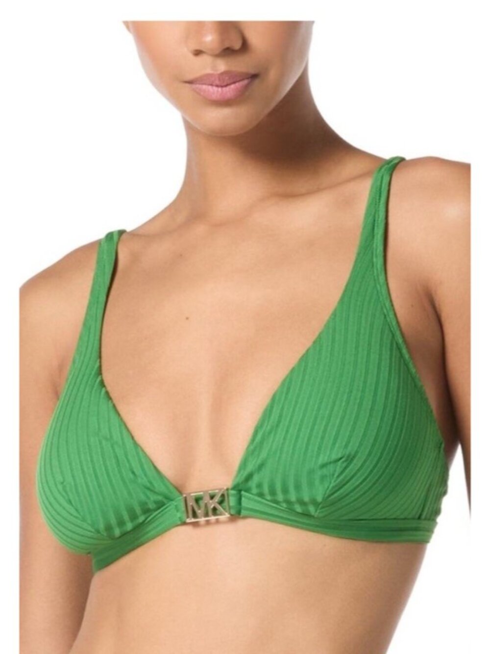 NWT Michael Kors Bikini Top Womens Large Green MK Gold Hardware Ribbed Swim Bra